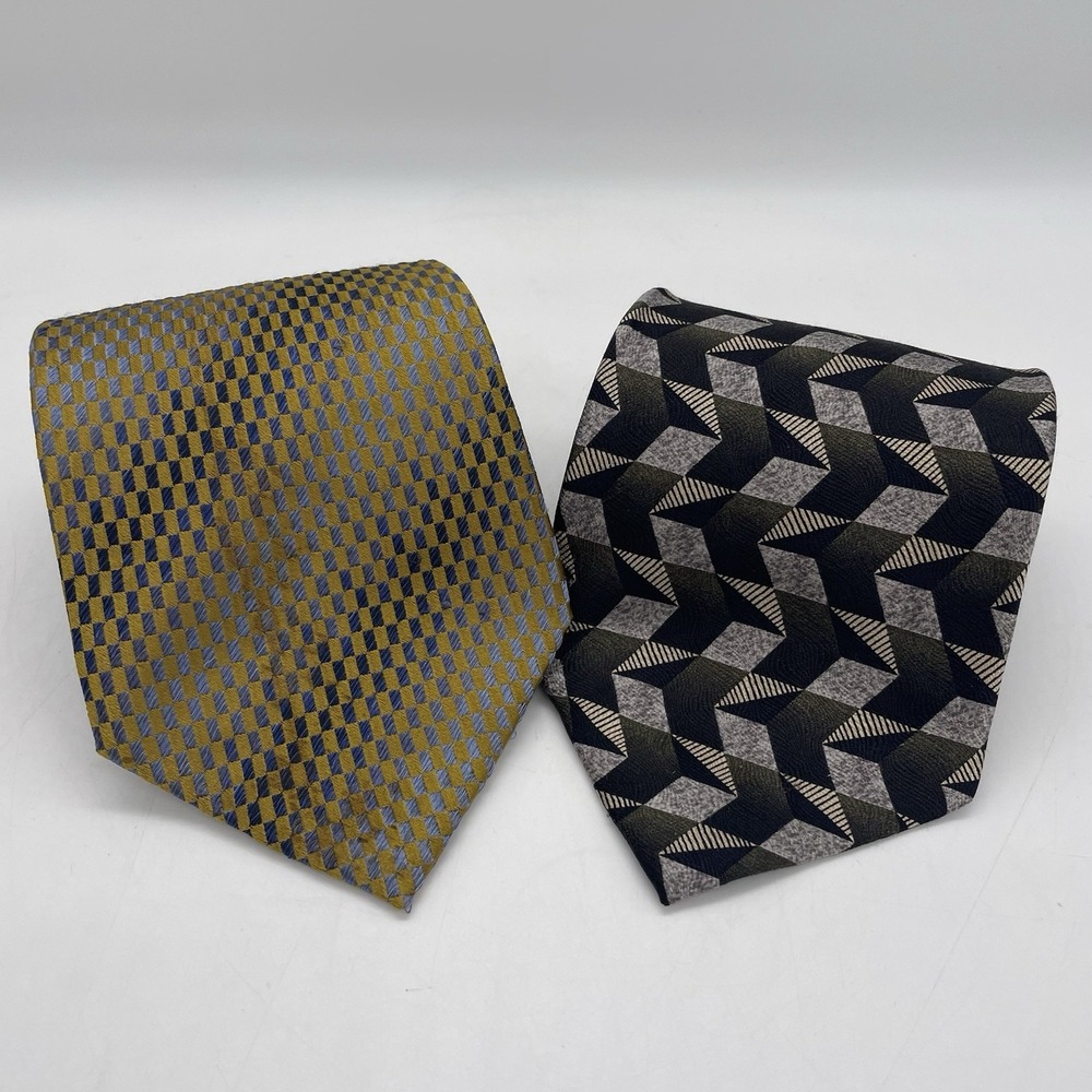 2 LOT Vintage Joseph & Feiss 100% Silk Tie Black Gold‎ Blue Green Gray Geometric